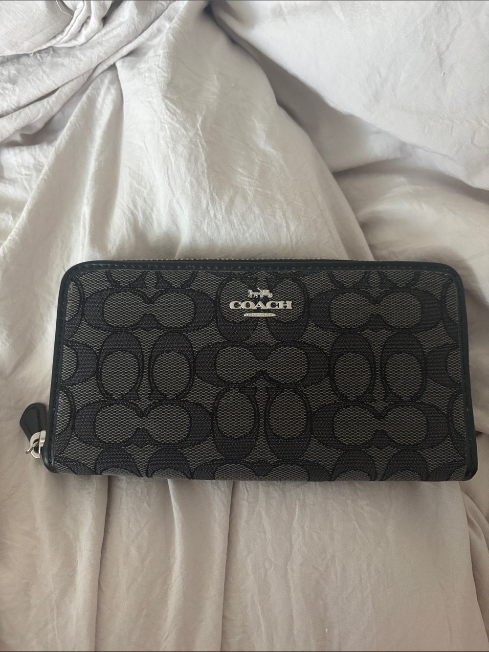 Coach Black Signature Zip Wallet with Silver Logo